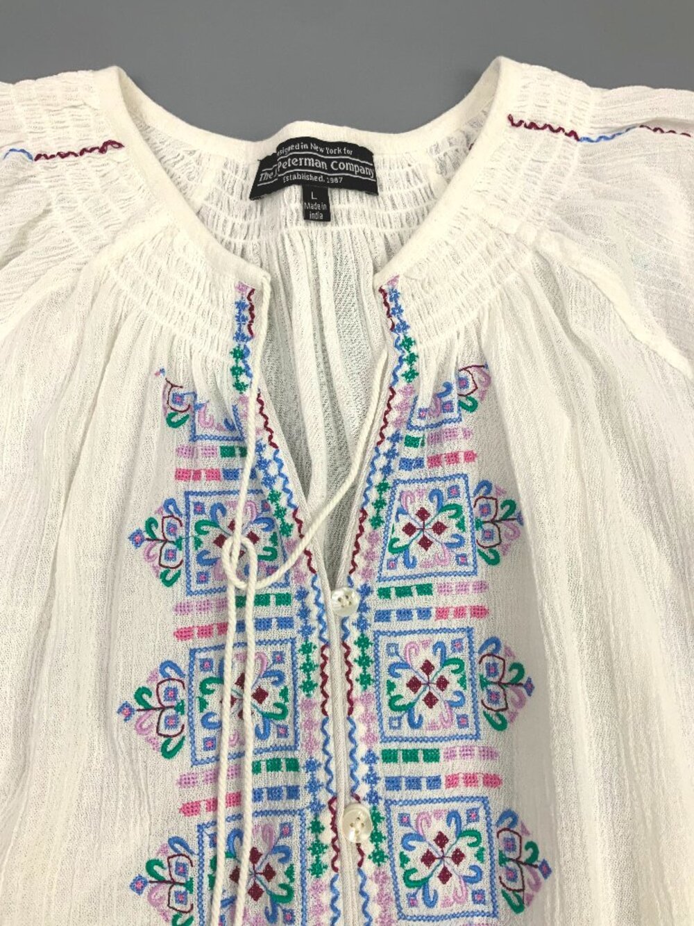 J Peterman Embroidered Cotton Peasant Blouse White Boho Tassel Split Neck Sz L - Picture 8 of 16